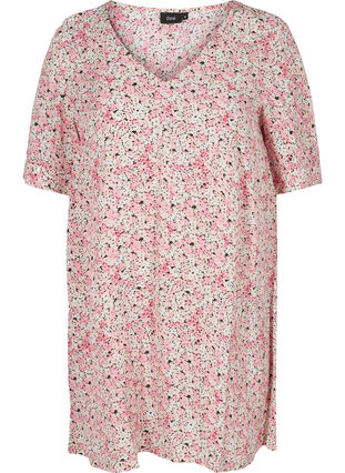 Viskose tunika med print og korte ærmer, Pink Ditsy AOP, Packshot image number 0