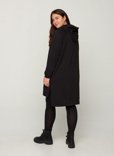 Langærmet sweatkjole med hætte og lomme, Black, Model image number 1