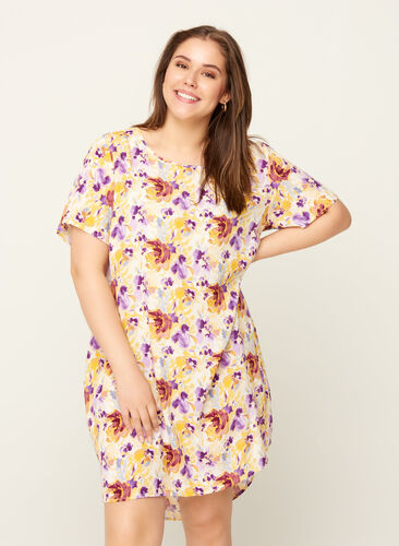 Kortærmet kjole med blomsterprint, Flower AOP, Model image number 0