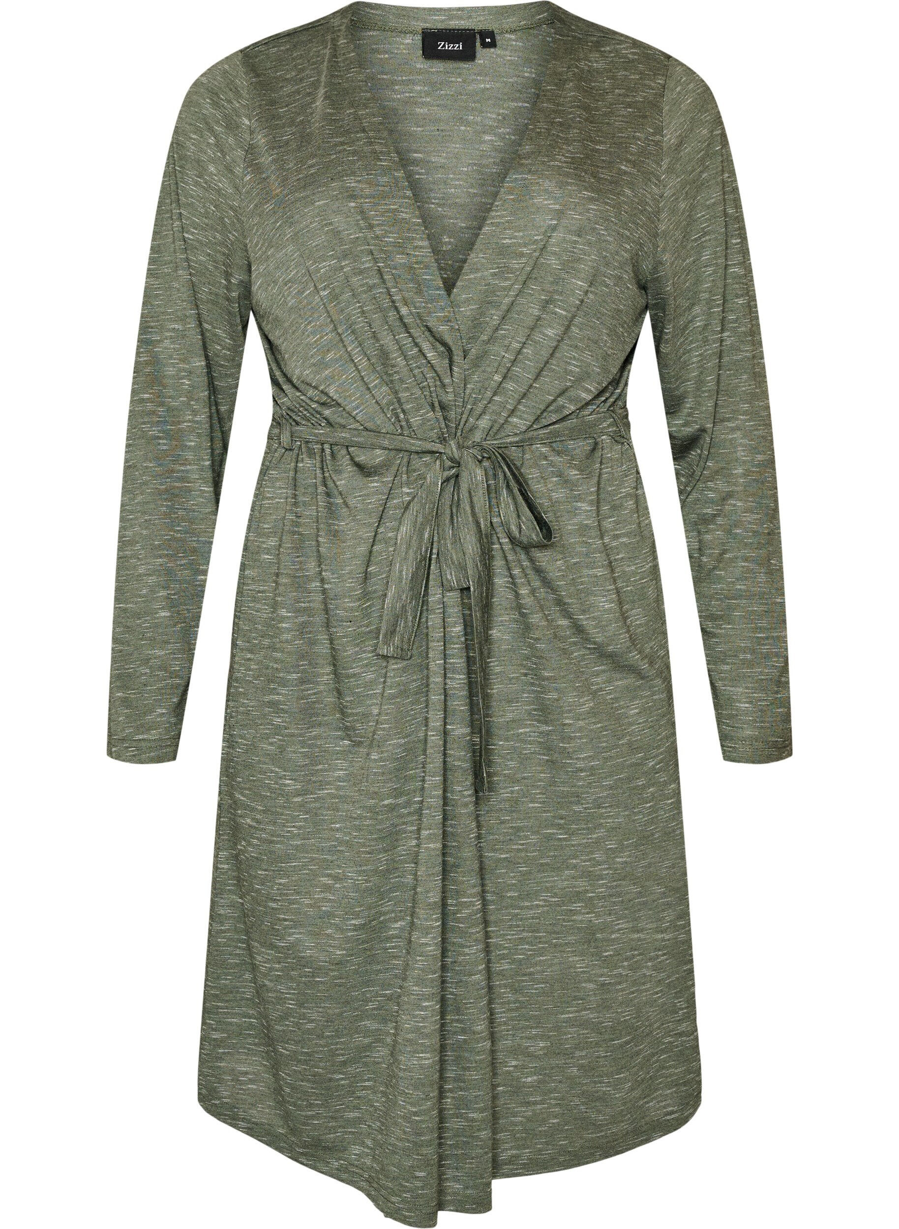 ZizziLang cardigan i jersey med bindeb&aring;nd, Gr&oslash;n, Packshot image number 0