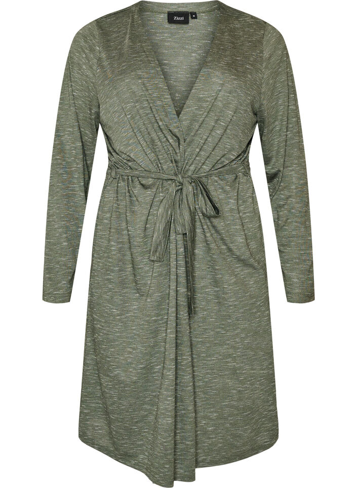 Lang cardigan i jersey med bindeb&aring;nd, Gr&oslash;n, Packshot image number 0