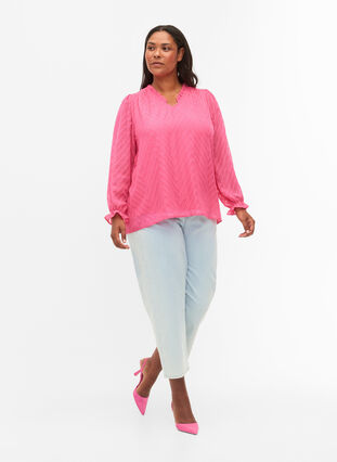 Bluse med lange ærmer og flæsedetaljer, Shocking Pink, Model image number 2