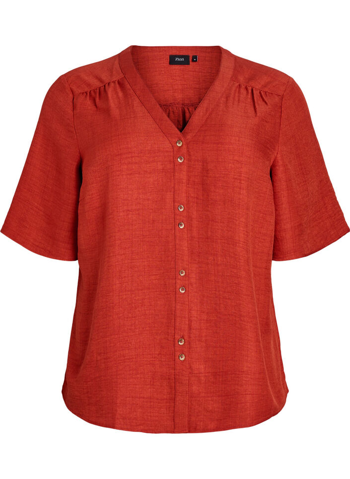 Skjortebluse med v-hals og korte &aelig;rmer, R&oslash;d, Packshot image number 0