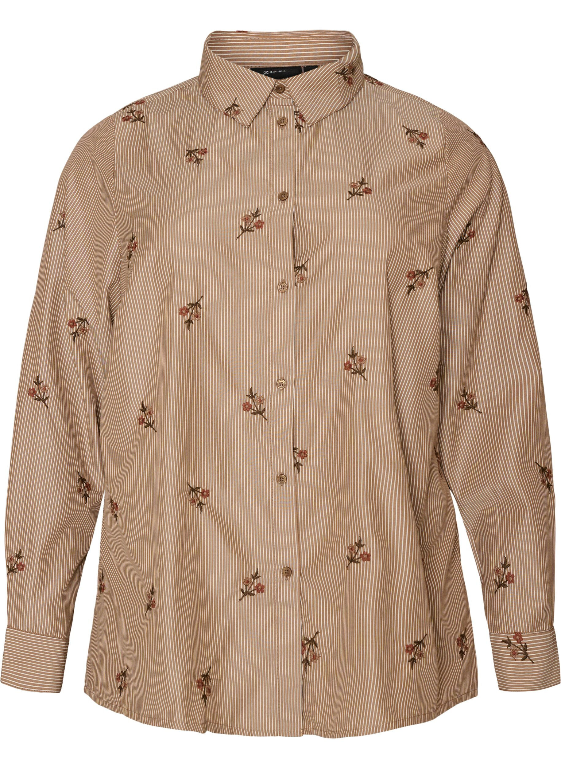 Stribet skjorte med broderede blomster