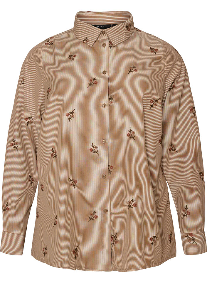 Stribet skjorte med broderede blomster, Brun, Packshot