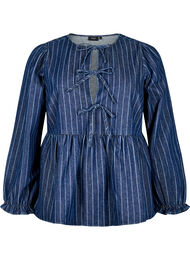 Stribet denimbluse med bindebånd foran, Blå