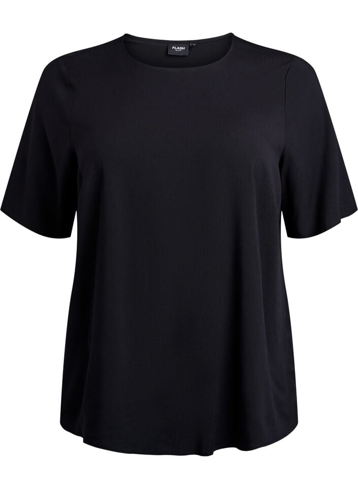 Kort&aelig;rmet v&aelig;vet bluse med rund hals, Sort, Packshot image number 0