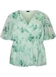 Blomstret chiffonbluse med korte &aelig;rmer, Gr&oslash;n