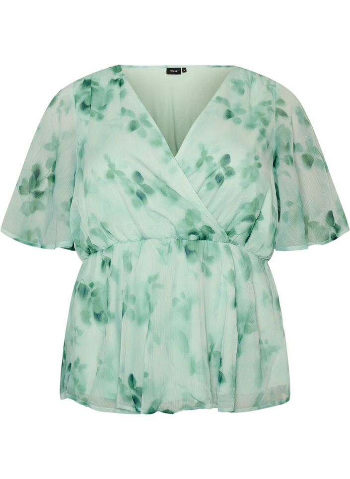 Blomstret chiffonbluse med korte &aelig;rmer, Gr&oslash;n, Packshot image number 0
