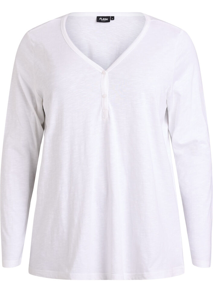 Lang&aelig;rmet t-shirt med V-hals og knapper, Hvid, Packshot image number 0