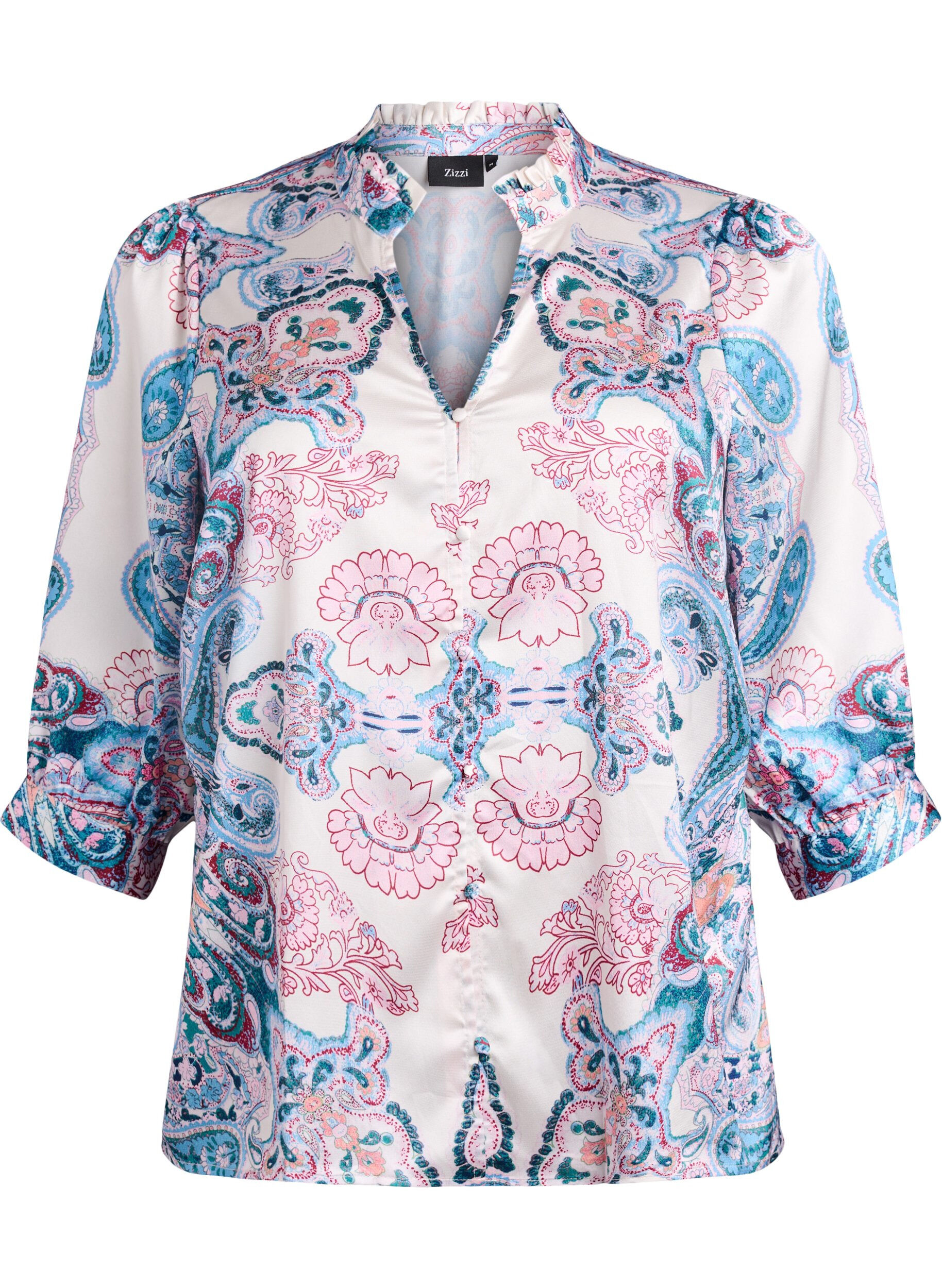 ZizziBluse i satin-look med paisleyprint og 3/4-&aelig;rmer, Bl&aring;, Packshot image number 0