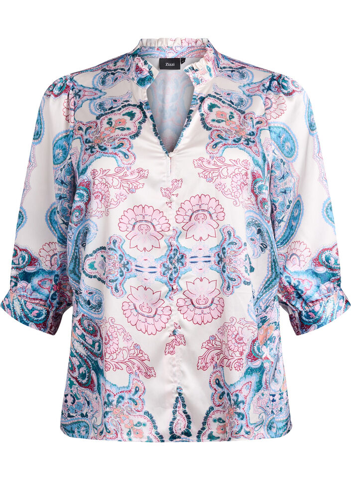 Bluse i satin-look med paisleyprint og 3/4-&aelig;rmer, Bl&aring;, Packshot image number 0