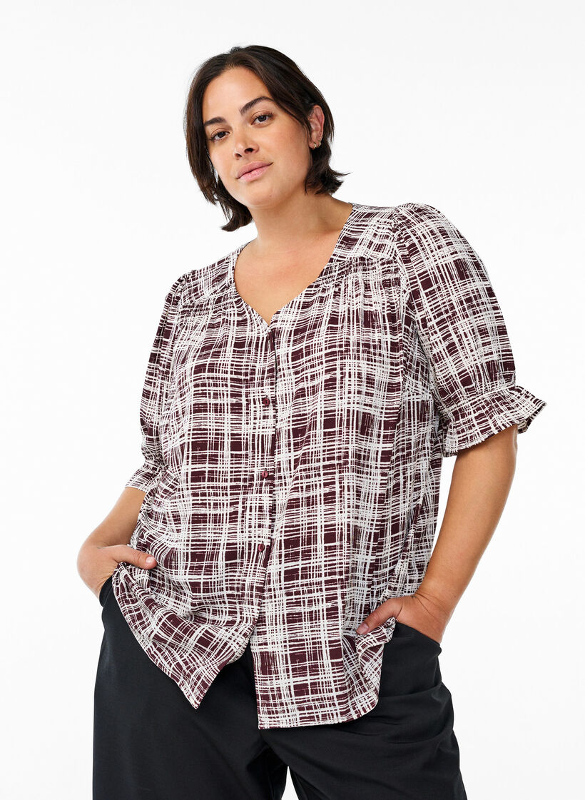 Skjortebluse med 1/2 &aelig;rmer, M&oslash;rk Bordeaux, Model image number 0