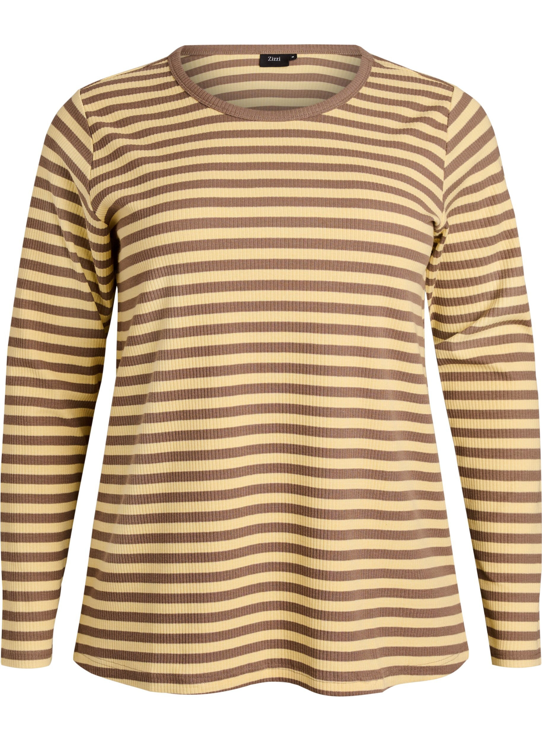 ZizziStribet bluse med lange &aelig;rmer, Brun, Packshot image number 0