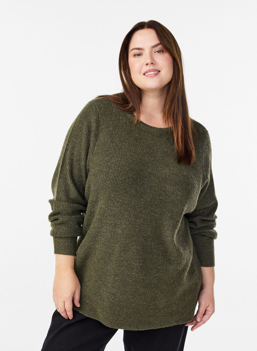 Meleret strikbluse med rund hals, Gr&oslash;n, Model image number 0