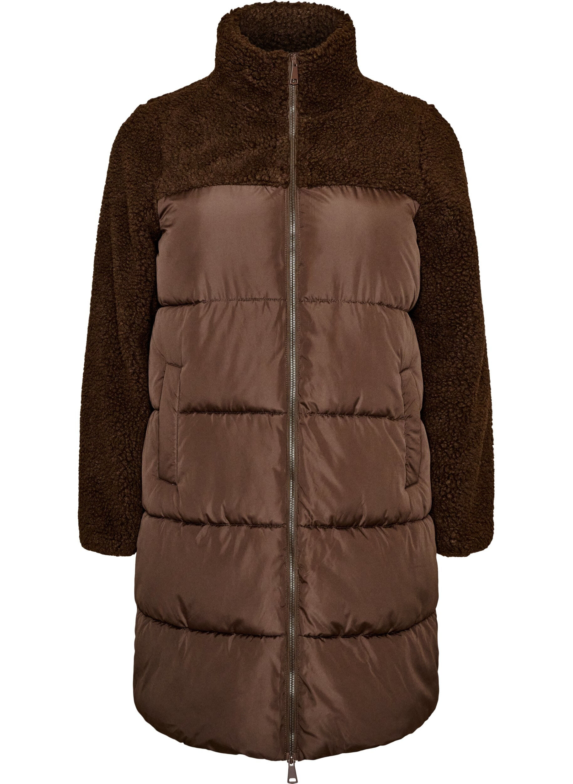 Mellemlang pufferjakke med teddyfleece