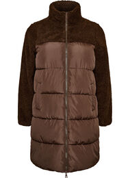 Mellemlang pufferjakke med teddyfleece, Brun