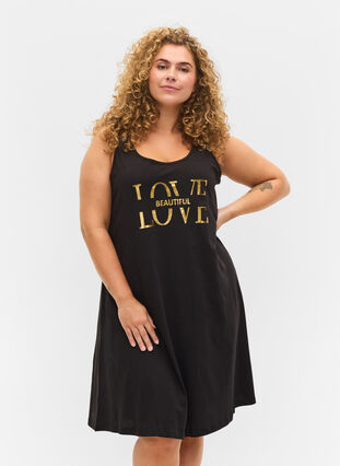 Ærmeløs bomulds kjole med a-shape, Black LOVE, Model image number 0