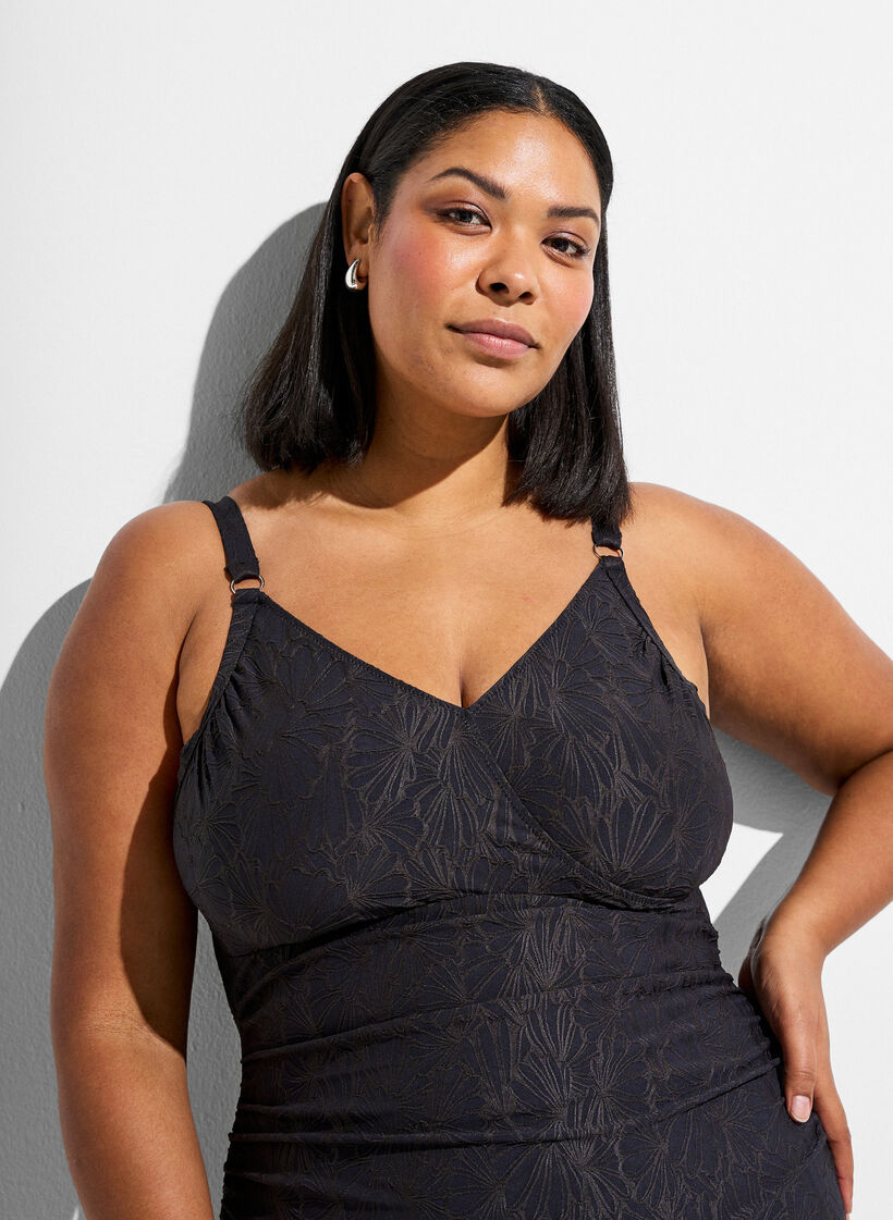 Badedragt med wrapdetalje og tone-i-tone blomsterstruktur, Gr&aring;, Model image number 2