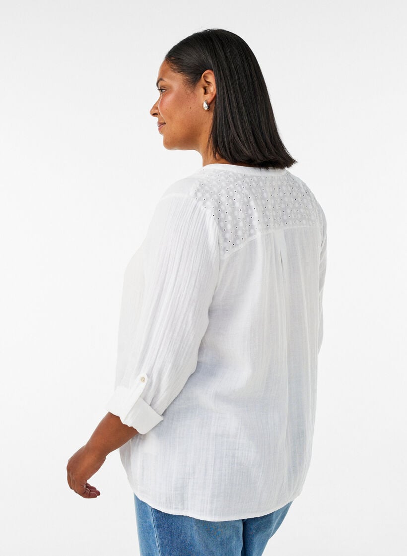 Bluse i bomuldsmusselin med broderi anglaise, Hvid, Model image number 1