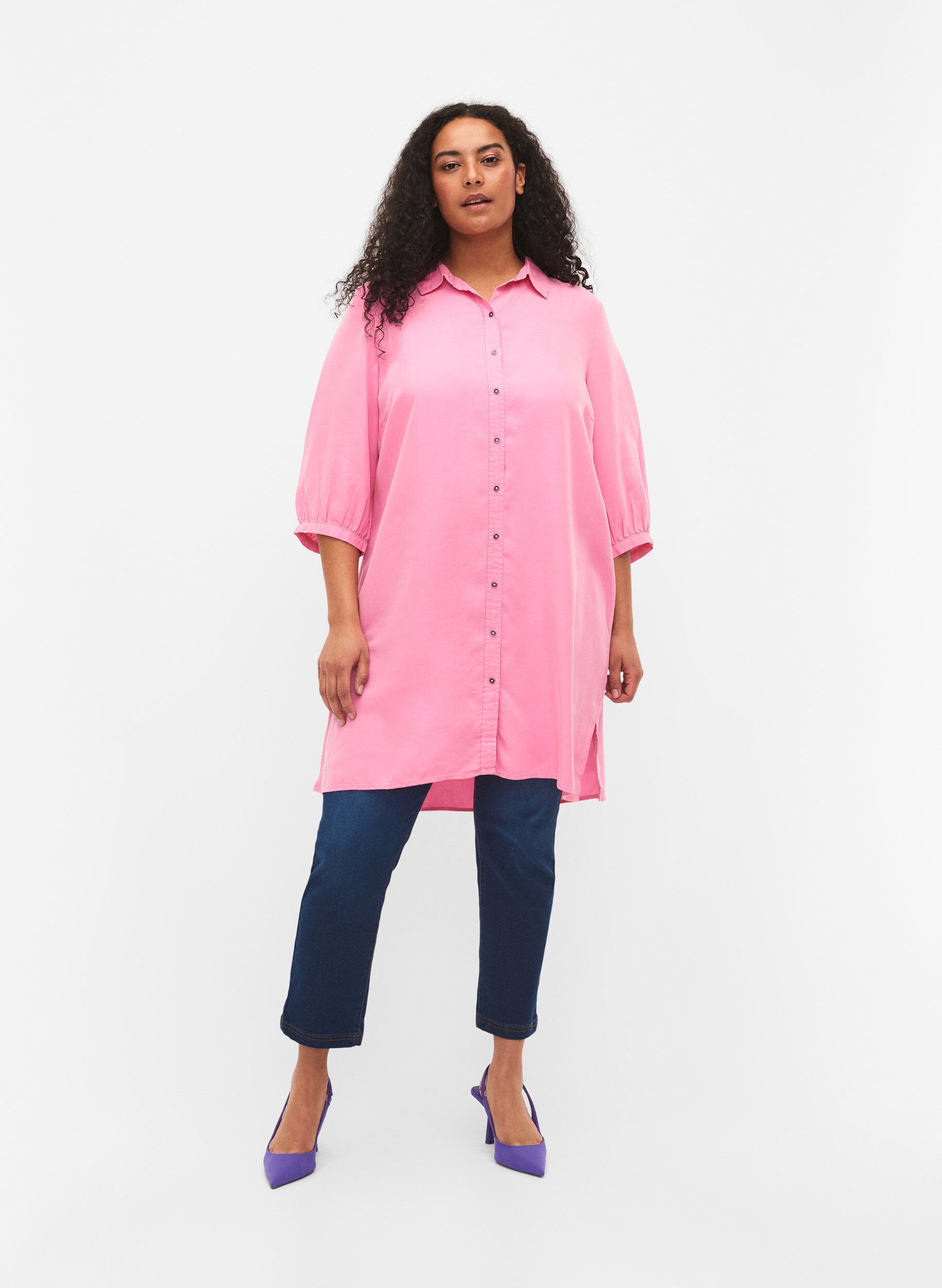 Zizzi Lang skjorte med 3/4 &aelig;rmer i lyocell (TENCEL&trade;), Rosebloom, Model image number 2