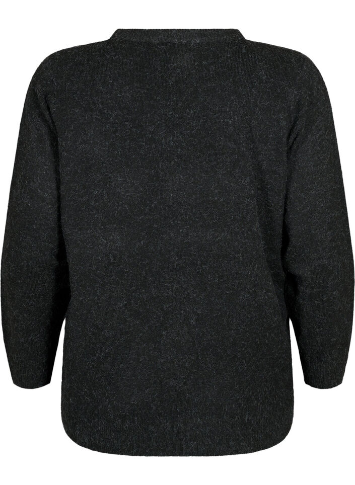 Meleret strikbluse med v-hals, Dark Grey Melange, Packshot image number 1