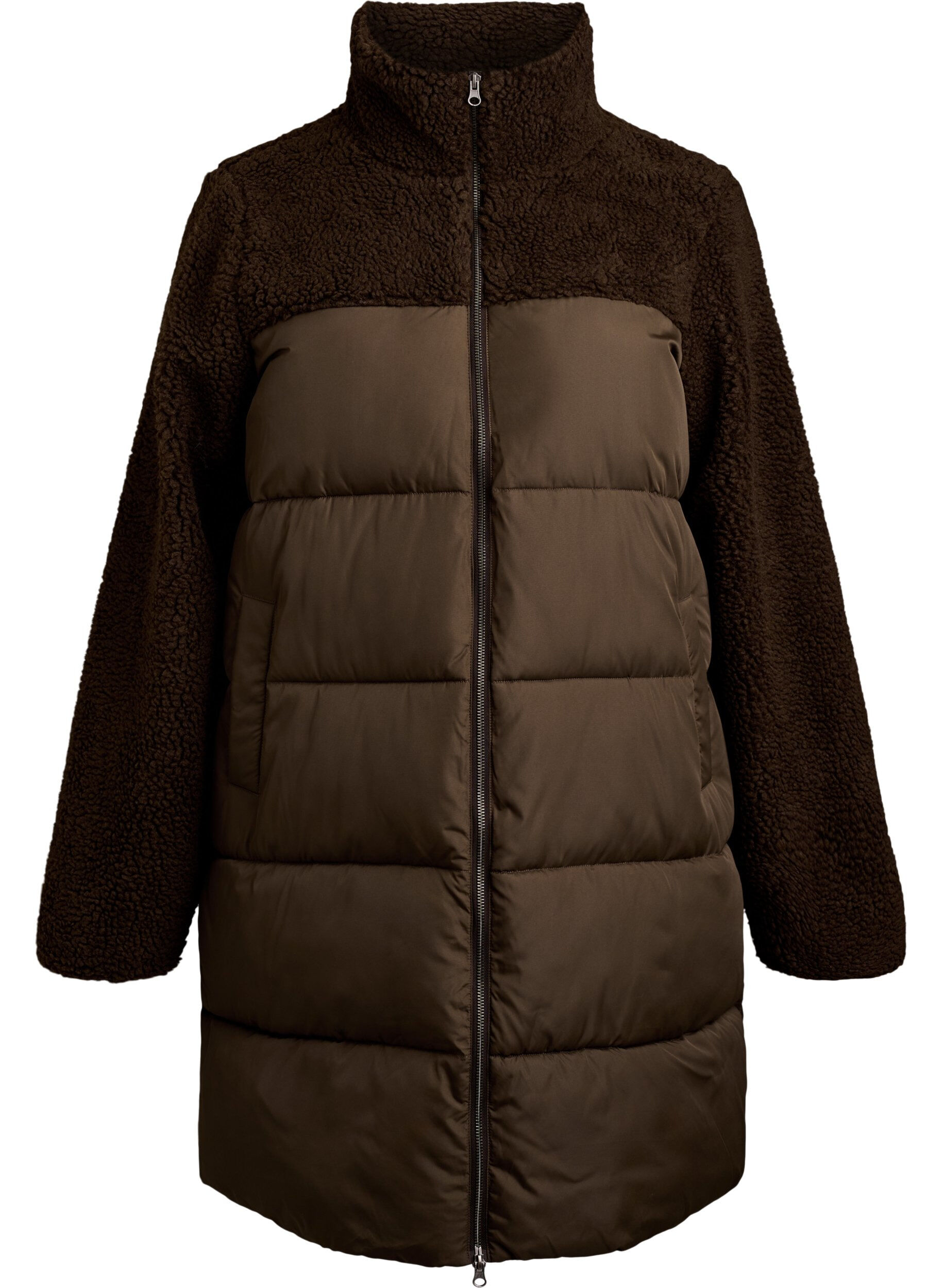 Mellemlang pufferjakke med teddyfleece