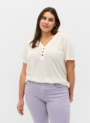 Kortærmet t-shirt med knapper , Warm Off-white, Model image number 0