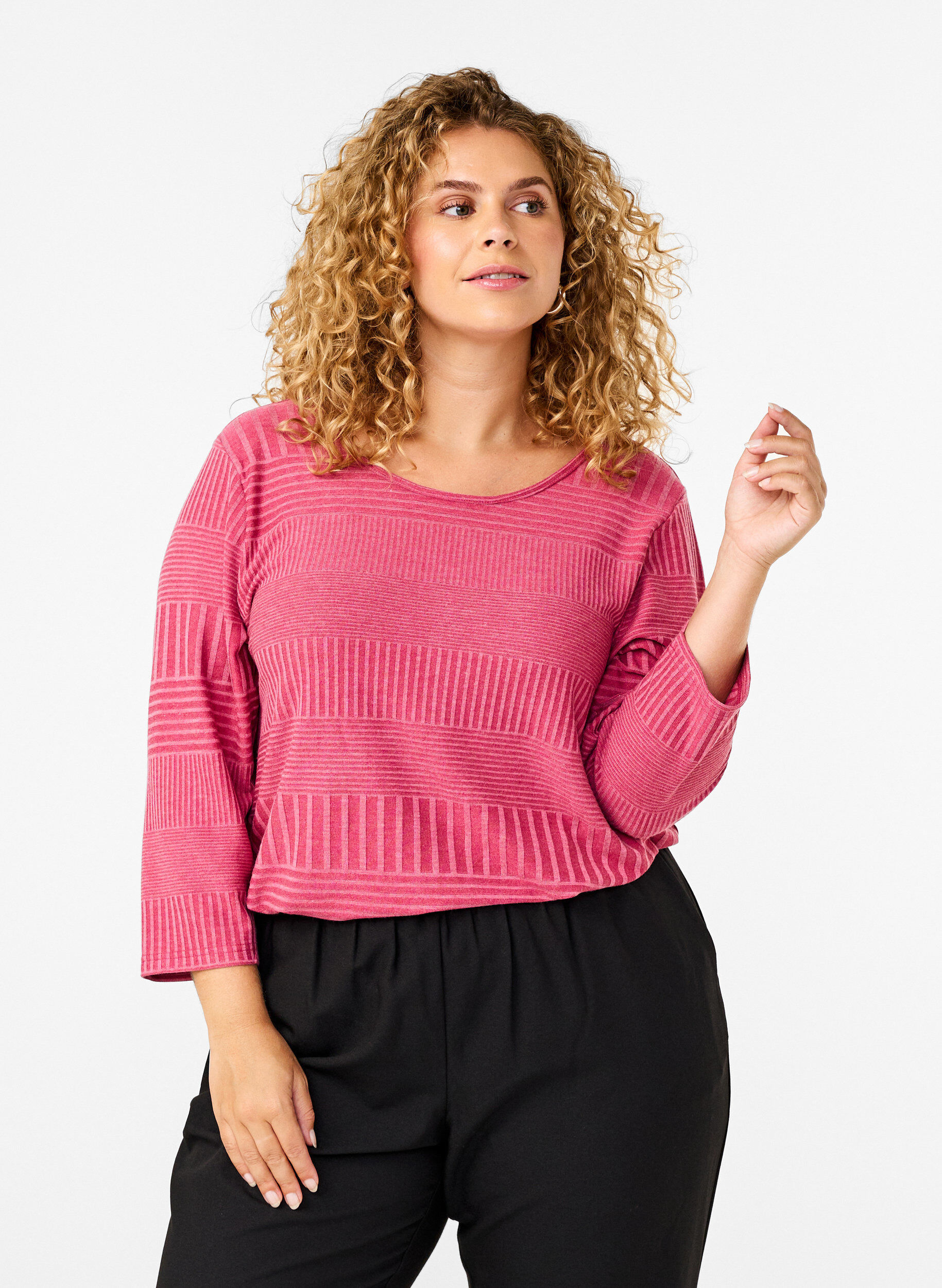 Zizzi Bluse med 3/4 &aelig;rmer og stribet m&oslash;nster, Malaga Mel., Model image number 0