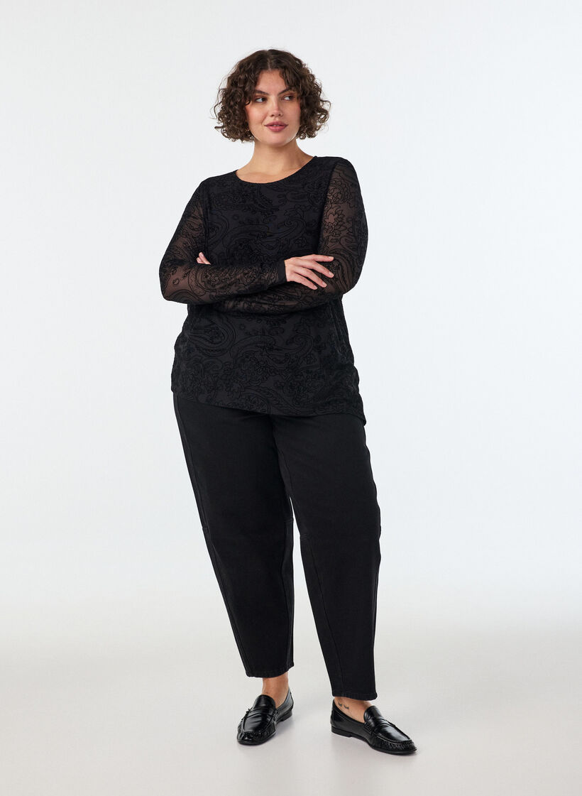 Meshbluse med paisleym&oslash;nster og skr&aring; kant, Sort, Model image number 1