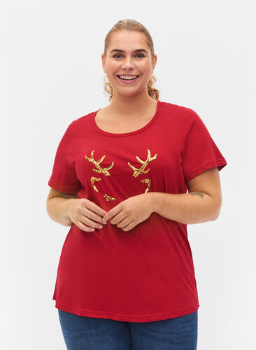 Jule t-shirt i bomuld, Tango Red Reindeer, Model image number 0