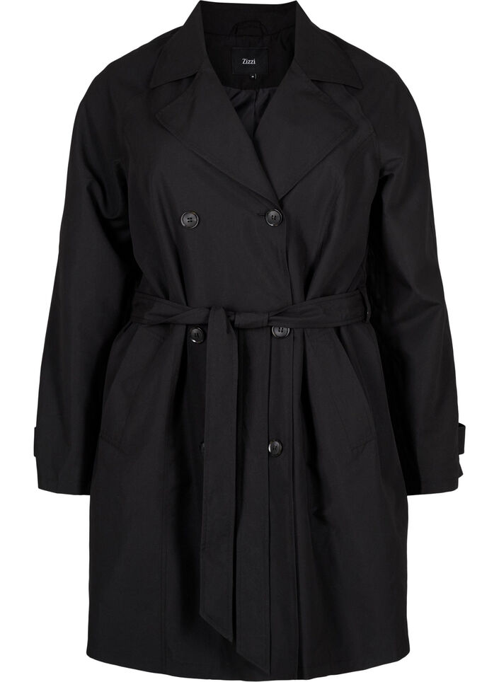 Trenchcoat med bælte og slids, Black, Packshot image number 0