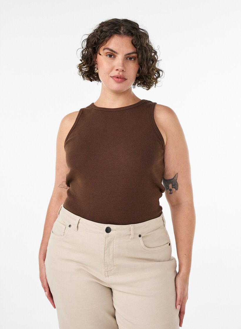 Ribtop i bomuld med h&oslash;j hals, Brun, Model image number 0