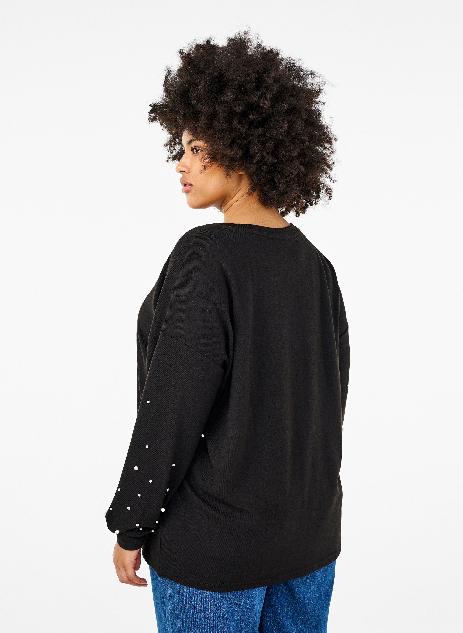 Zizzi Ensfarvet bluse med perler , Black, Model image number 1