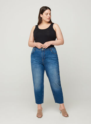 Cropped mom fit Mille jeans med løs pasform, Blue denim, Model image number 0