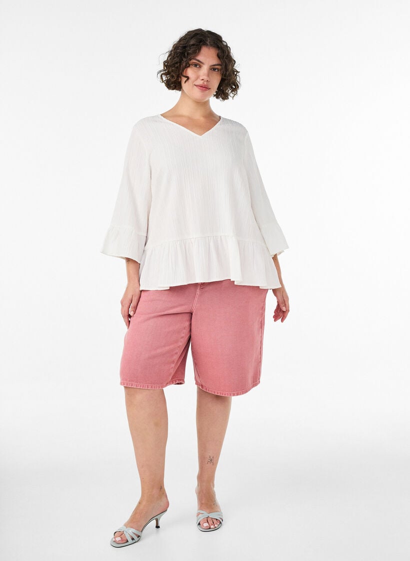 Bluse med struktur, V-hals og fl&aelig;ser, Vanilla, Model image number 1