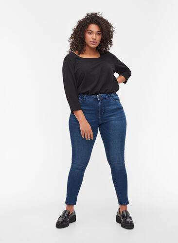 Cropped Amy jeans med slids, Blue denim, Model image number 0
