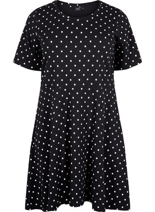 Prikket bomuldskjole med korte ærmer, Black w. White Dot, Packshot image number 0