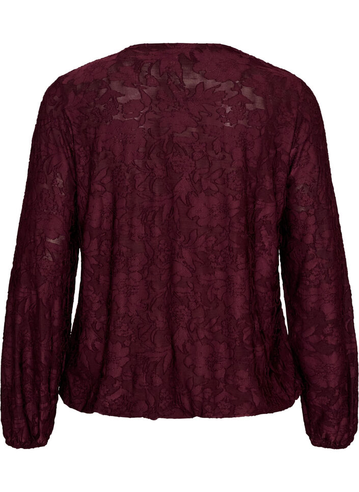 Transparent bluse med blomsterstruktur og lange &aelig;rmer, R&oslash;d, Packshot image number 1