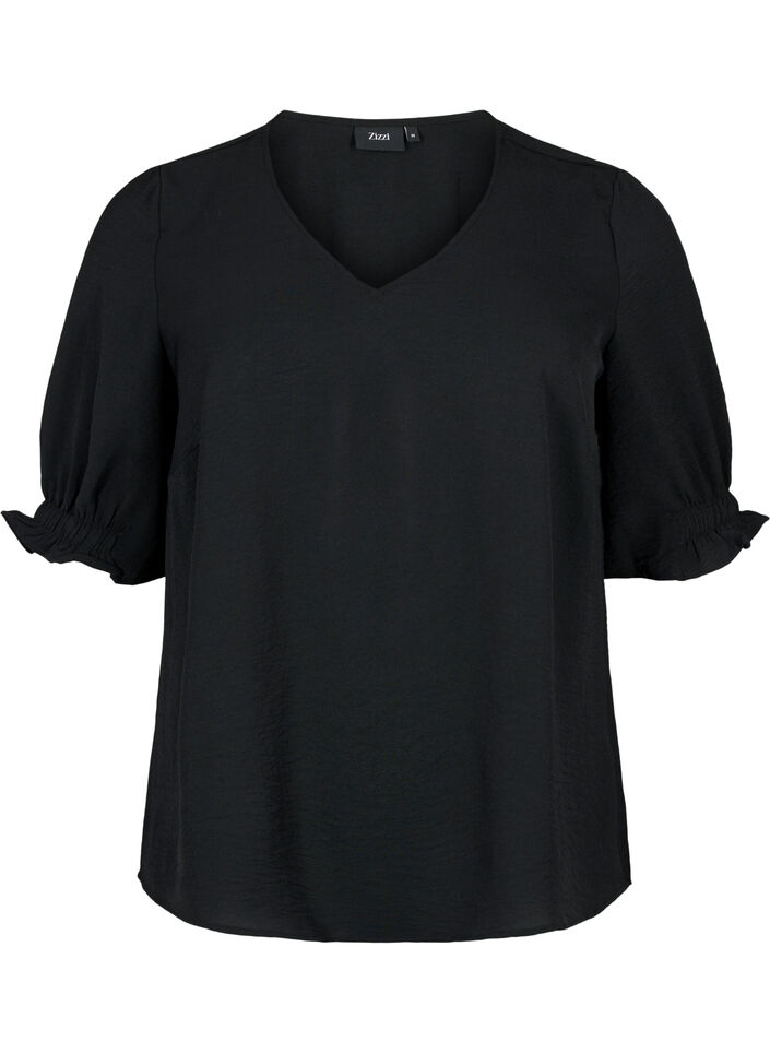 Bluse med v-udskæring , Black, Packshot image number 0