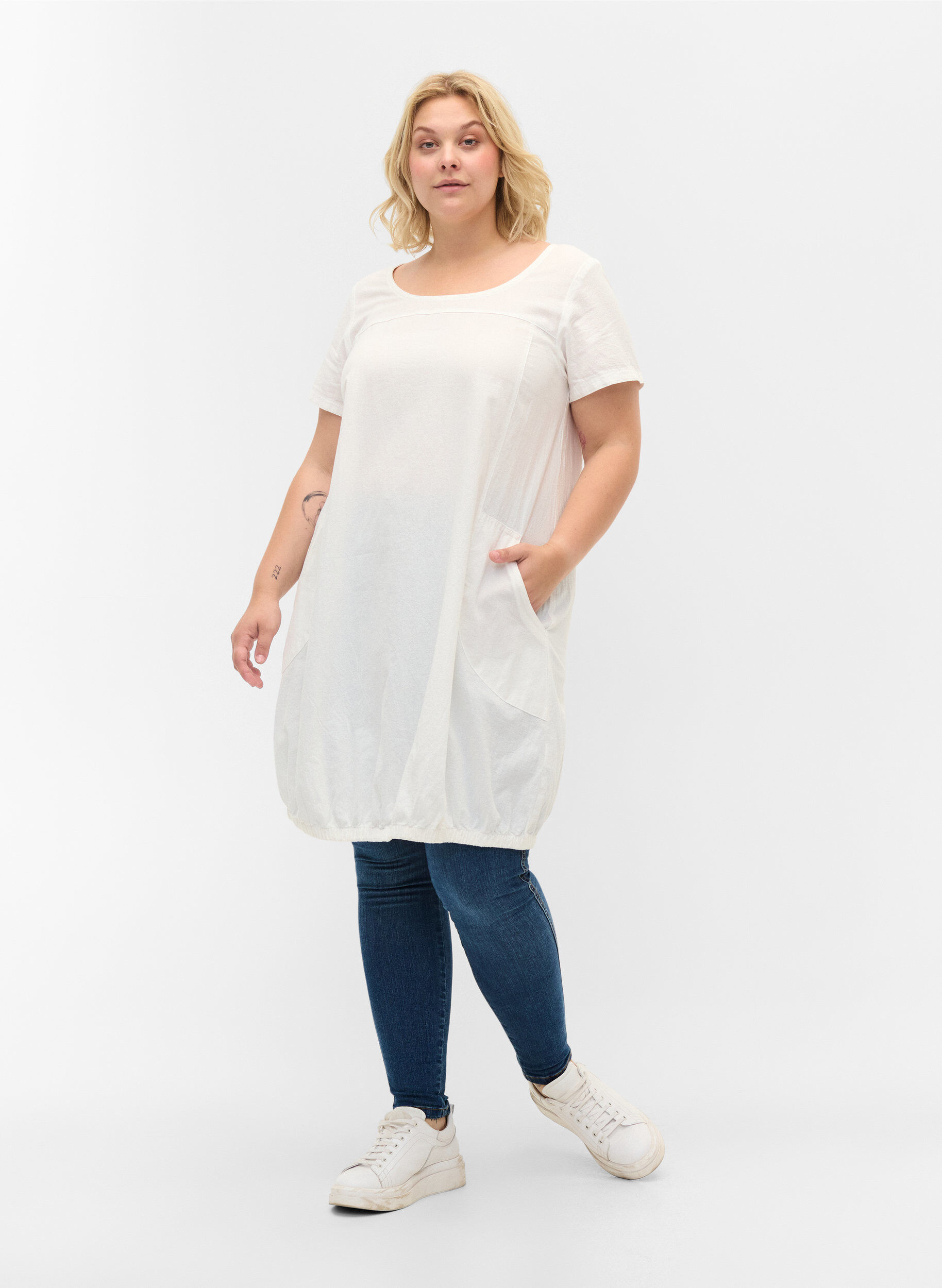 ZizziKort&aelig;rmet kjole i bomuld, Hvid, Model image number 1