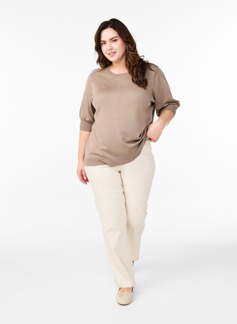 Strikbluse med korte ærmer og små sløjfer, Beige, Model image number 1