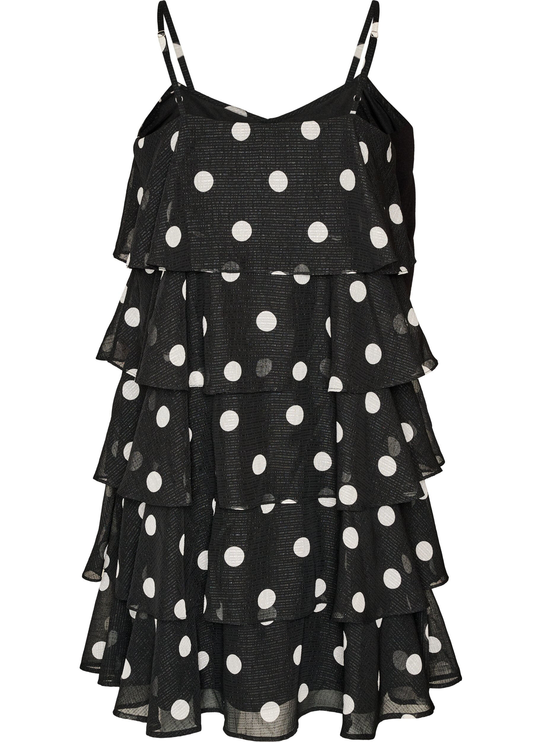 ZizziLagdelt kjole med fl&aelig;sevolanter og spaghettistropper, Sort, Packshot image number 1