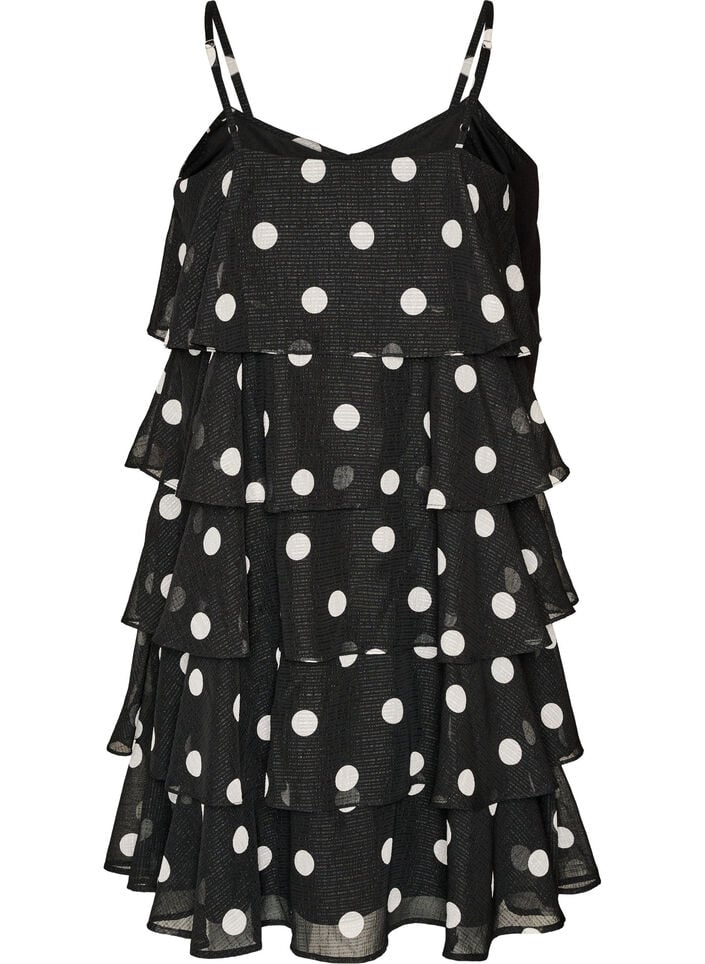 Lagdelt kjole med fl&aelig;sevolanter og spaghettistropper, Sort, Packshot image number 1