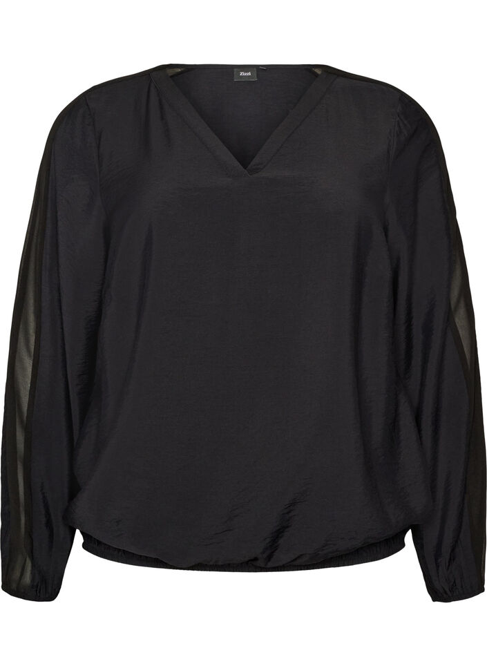 Bluse med balloneffekt og chiffondetaljer, Sort, Packshot image number 0