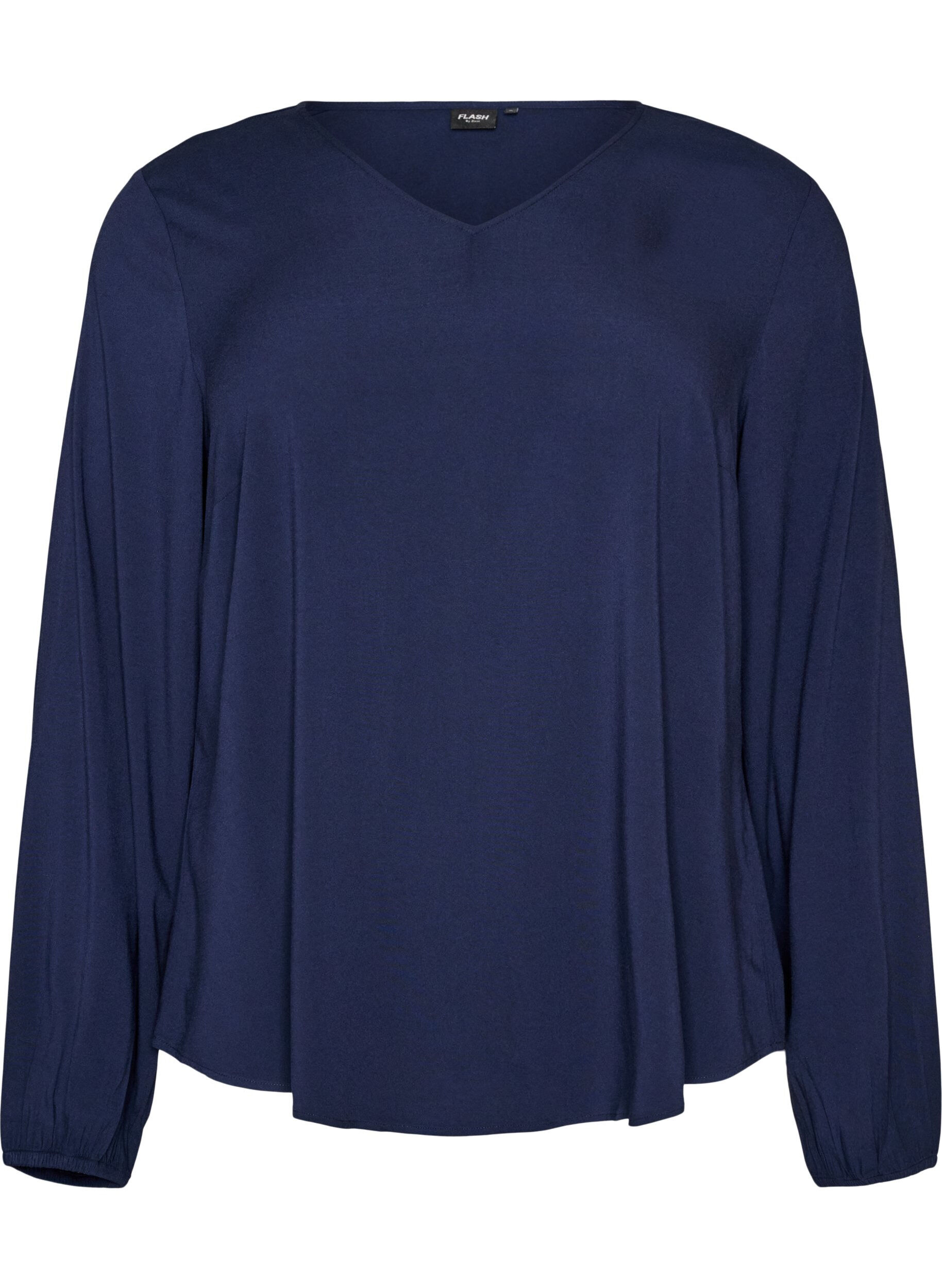 ZizziViskosebluse med V-hals og lange &aelig;rmer, Bl&aring;, Packshot image number 0