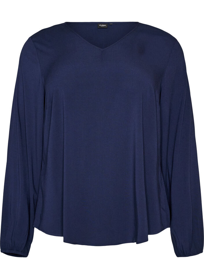 Viskosebluse med V-hals og lange &aelig;rmer, Bl&aring;, Packshot image number 0