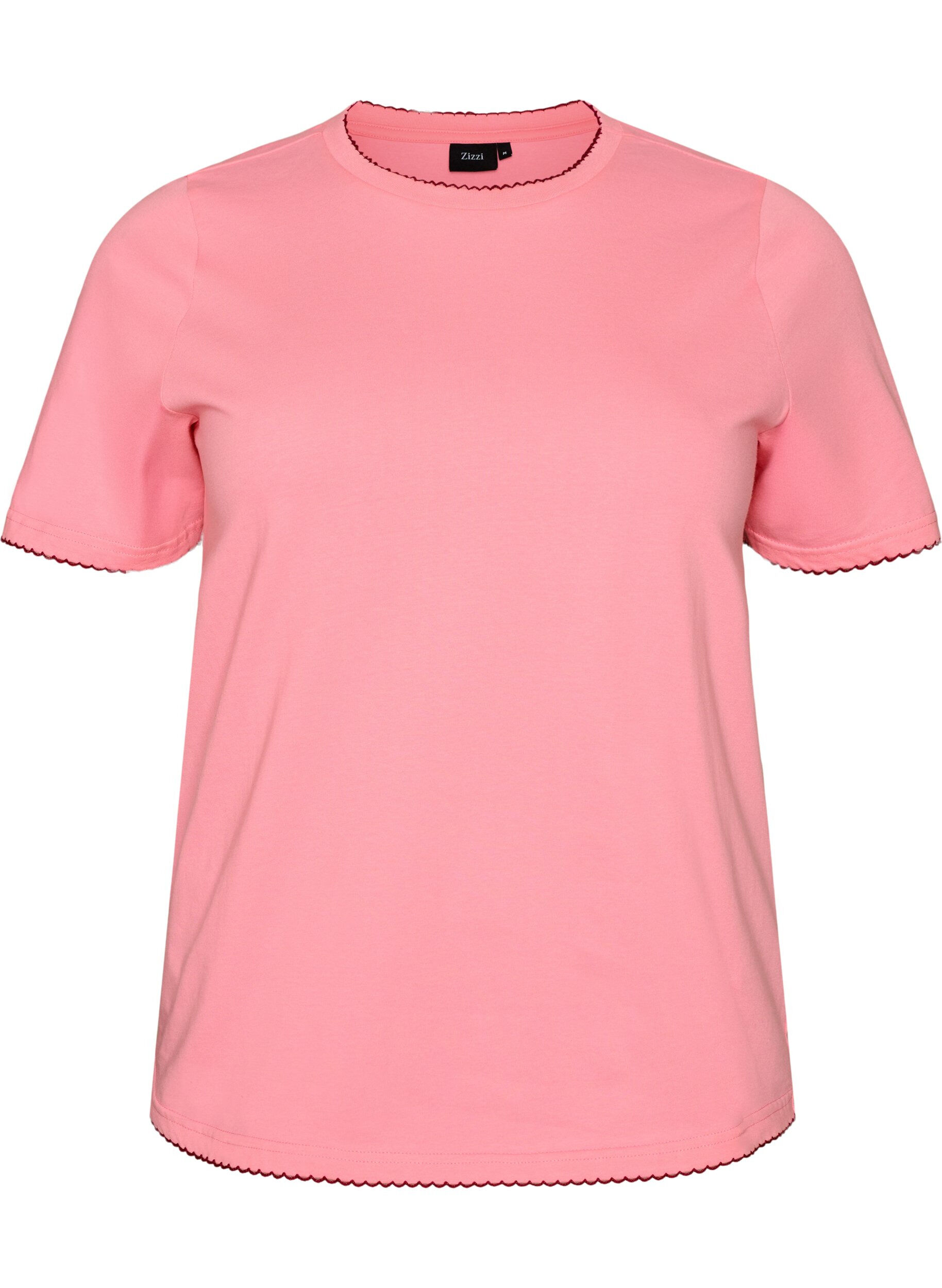 ZizziT-shirt i bomuld med b&oslash;lgede kontrastkanter, Lyser&oslash;d, Packshot image number 0