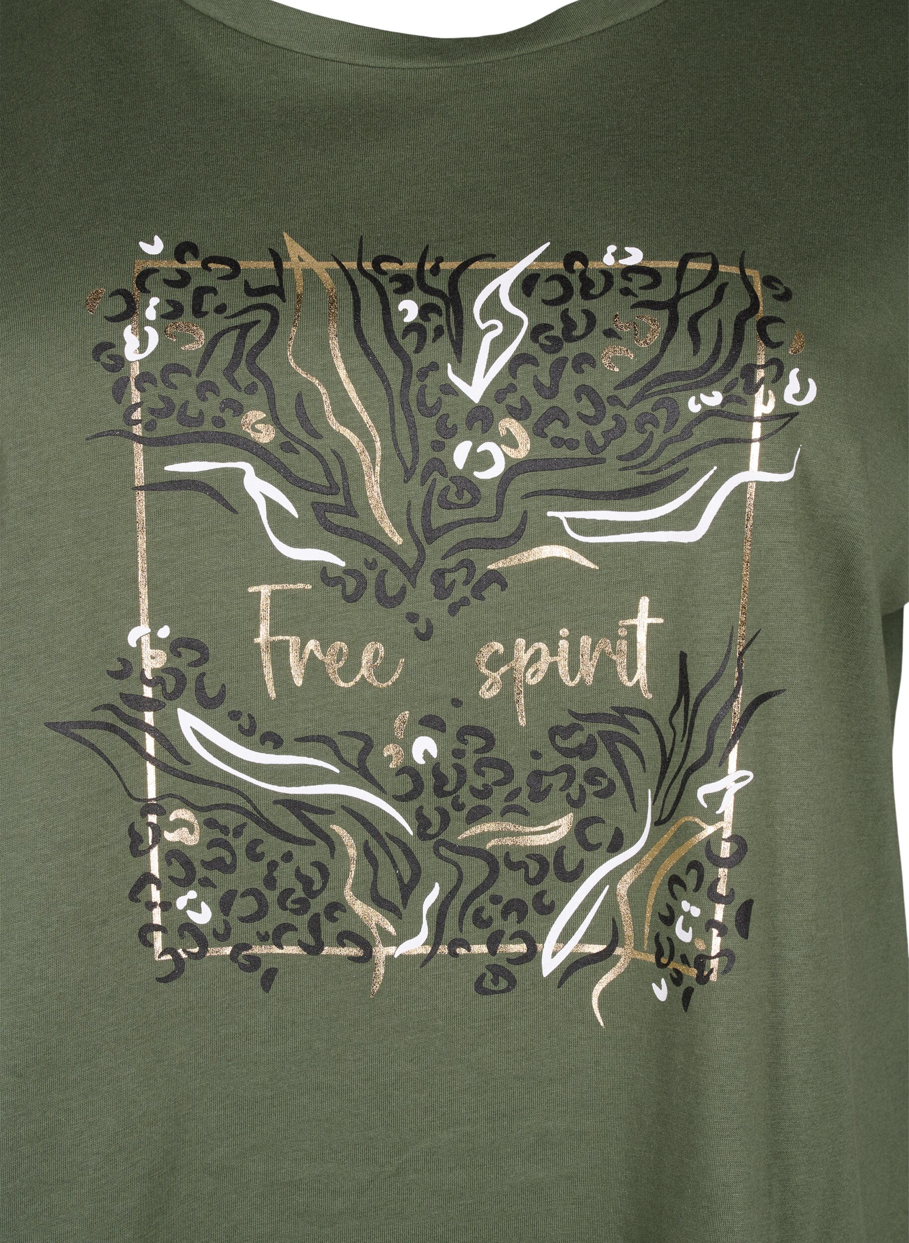 Zizzi T-shirt i &oslash;kologisk bomuld med guldtryk, Thyme W. Free, Packshot image number 2
