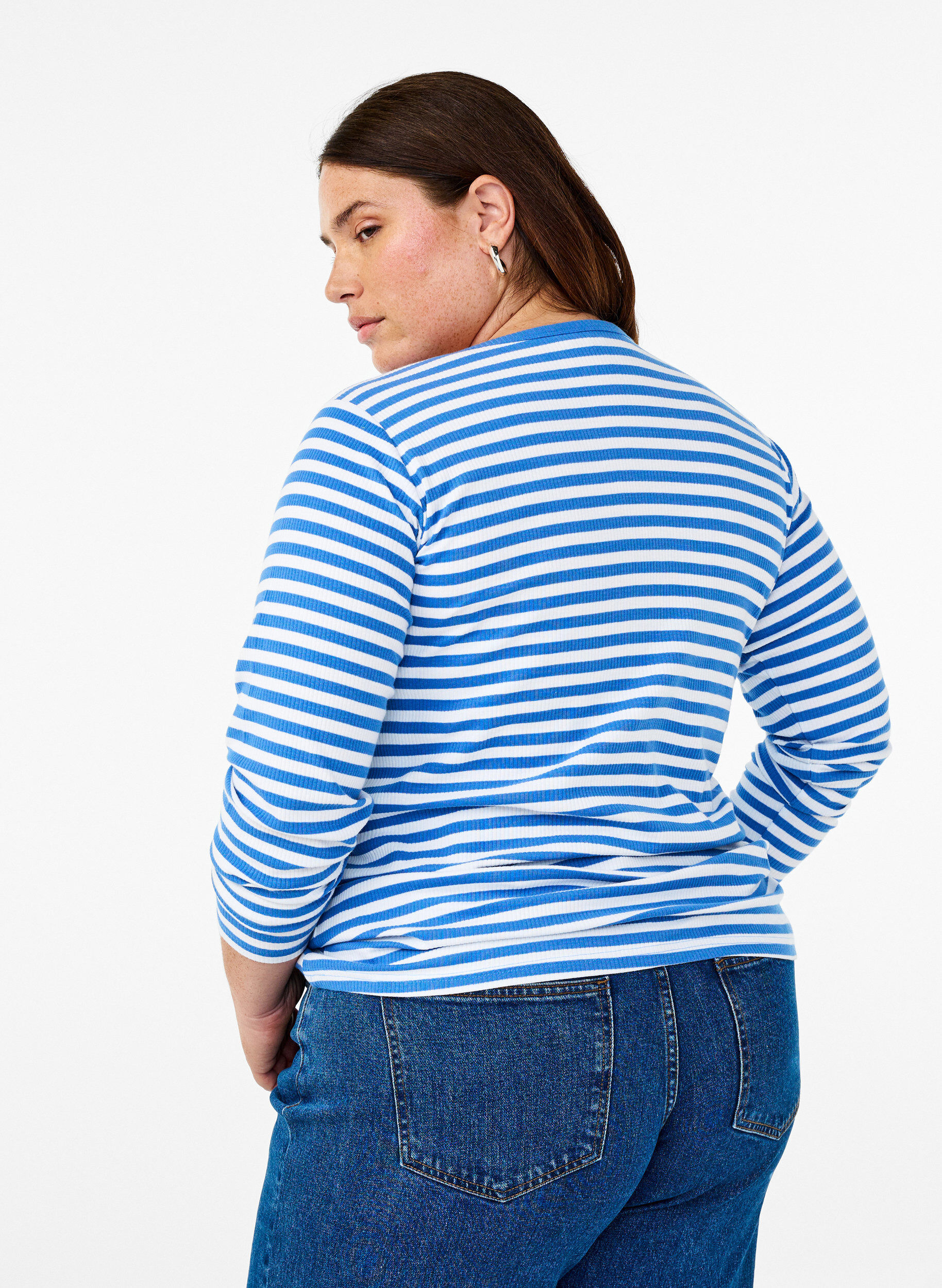Zizzi Stribet bluse med lange &aelig;rmer, Bl&aring;, Model image number 2
